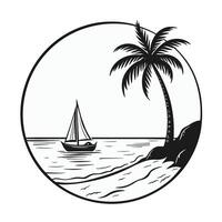 Black and white illustration of a serene beach with a sailboat and palm tree. vector