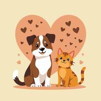 Illustration of a cute brown dog and an orange cat sitting together with a heart and small hearts in the background. vector