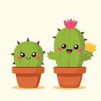 Cute cartoon cacti in pots with smiling faces, featuring bright flowers, against a light background. vector
