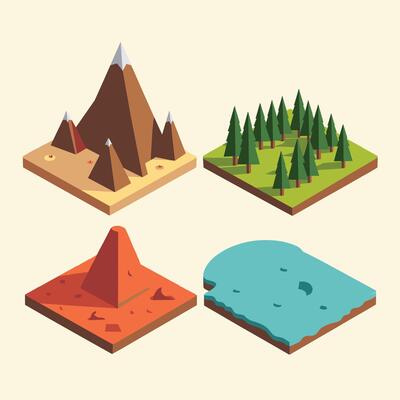 Isometric illustrations of various landscapes, including mountains, forests, deserts, and water bodies.