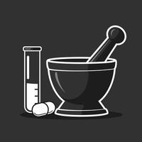 Illustration of a mortar and pestle with a test tube and tablets on a dark background. vector