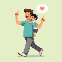 Happy father walking with his joyful child on his back, showing a heart sign in a speech bubble on a light green background. vector