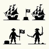 Silhouette illustrations of pirate ships and pirates on a white background. vector