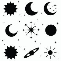 A collection of celestial symbols featuring moons, stars, and planets in a minimalist black-and-white design, evoking a celestial and cosmic theme. vector
