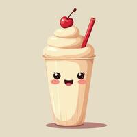 Cute cartoon vanilla milkshake with a smiley face, topped with whipped cream, a cherry, and a red straw. vector