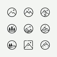 Set of minimalist black line icons depicting various mountain and nature scenes in circular frames. vector