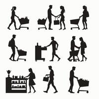 Silhouettes of men and women shopping with carts and baskets in various interactions. vector