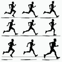 Silhouettes of nine men running in sequence showing the dynamic motion of sprinting on a white background. vector