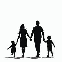 Silhouette of a family of four walking hand in hand against a white background. vector