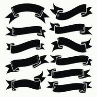 A collection of twelve black ribbon banners of various shapes, each elegantly curled, set against a white background, ideal for graphic design use. vector