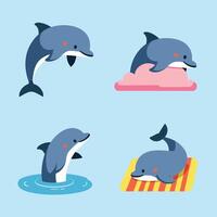 Cute cartoon dolphins in various playful activities against a light blue background. vector