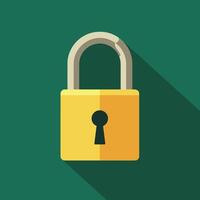 Illustration of a yellow padlock on a green background with a long shadow, symbolizing security and protection. vector
