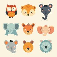 A collection of adorable animal faces, including an owl, bear, elephant, and lion, set against a light background. vector
