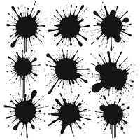 A collection of nine bold, black ink splatters on a white background, showcasing creativity and abstract art. vector