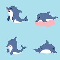 Adorable illustrated dolphins in various playful and resting poses on a bright, sky-blue background. vector