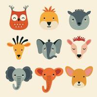 Cute and colorful illustrations of various animal faces in a simple, cartoon style. vector