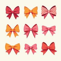 A collection of colorful bows in various styles and patterns, set against a pale background. vector