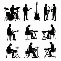 Silhouettes of male musicians playing various instruments in different postures, showcasing a dynamic and vibrant musical scene. vector
