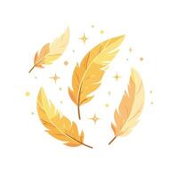Illustration of golden feathers with sparkling stars on a white background vector
