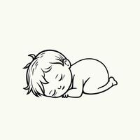 Black and white illustration of a sleeping baby on a light background. vector