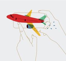 Phone in hand buying flight tickets drawing with red plane and thin lines on white background vector