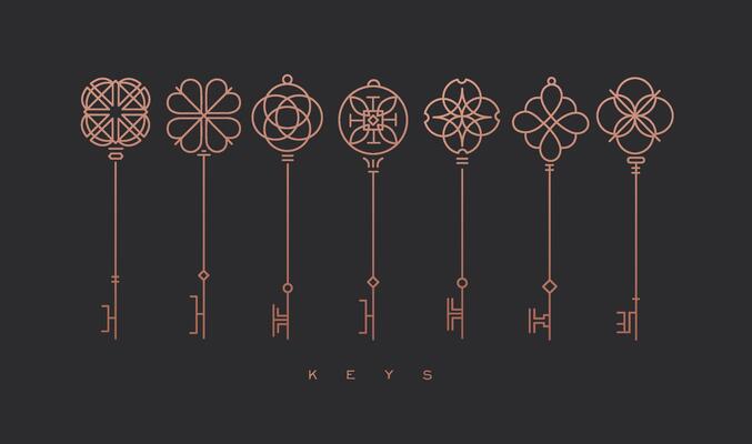 Set of key collection in modern line style drawing on bronze background.