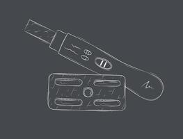 Pregnancy or ovulation test and birth control pill composition drawing on black background vector