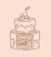 Cake a storefront of confectionery drawing in vintage style on peach color background vector