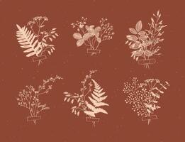 Branches and leaves are collected into a bouquet with sticker drawing in grey color on brown background vector