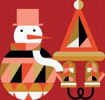 Poster Christmas snowman and gloves in cubism style drawing on red background vector