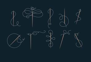 Needles and thread for sewing collection drawn with swirls element in baroque style in blue color vector
