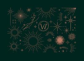 Set of flat design elements sun, sunset, sunbeams, stars borders, frame in modern line drawing with brown color lines on green background vector