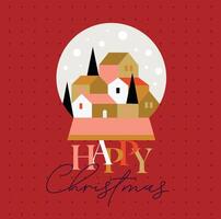 Poster winter snow globe in cubism style with small town lettering happy christmas drawing on red background vector