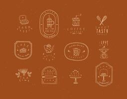 Set of kitchen labels with lettering drawing in handmade graphic primitive casual style on mustard background. vector