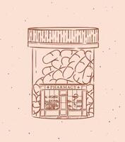 Pill box a storefront of pharmacy drawing in vintage style on peach color background vector