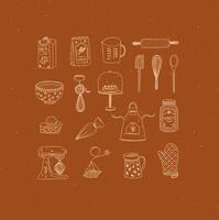 Set of kitchen bakery stuff drawing in handmade graphic primitive casual style on mustard background. vector