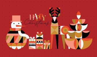 Poster snowman, present box, deer, tree lettering happy christmas in cubism style drawing on red background vector