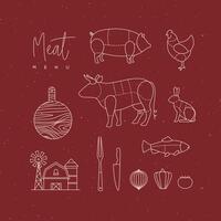 Meat menu flat design elements pig, chicken, cow, rabbit, vegetables, farm, fork, knife drawing on red background vector