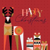 Poster deer and present box in cubism style with lettering happy christmas drawing on red background vector