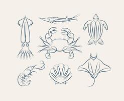 Filigree swirl sea and ocean creatures squid, fish, crab, turtle, shrimp, stingray, shell, scallop drawing on grey background vector