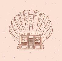 Seashell a storefront of fish shop drawing in vintage style on peach color background vector