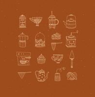 Set of kitchen equipment icon drawing in handmade graphic primitive casual style on mustard background. vector