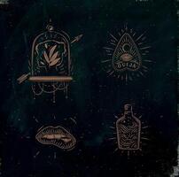 Magic and mystic signs and symbols head, tablet pointer, lips, bottle drawing on dark green background vector