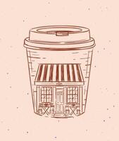 Cup to go a storefront of cafe drawing in vintage style on peach color background vector