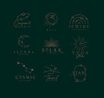 Flat elegance astrology labels with lettering in modern line style drawing with brown lines on green background vector