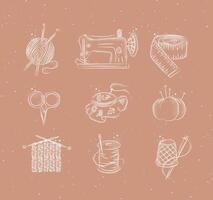 Sew icon set with illustrated sewing machine, skein of threads, scissors, knitting needles, needle, thread, embroidery hoop in hand drawing style on peach color background vector