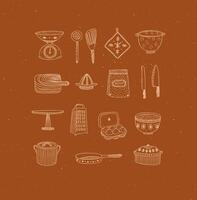 Set of kitchen tools and cooking icons drawing in handmade graphic primitive casual style on mustard background. vector