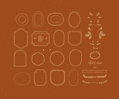 Set of frames and decor elements in handmade graphic primitive casual style on mustard background. vector
