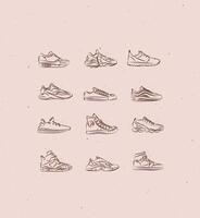 Men shoes different types of sneakers set drawing in vintage style on peach color background vector