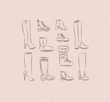 Women winter shoes different types set drawing in vintage style on peach color background vector